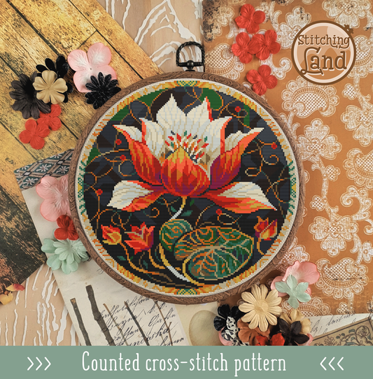 Art Nouveau Red Lotus Cross Stitch Pattern