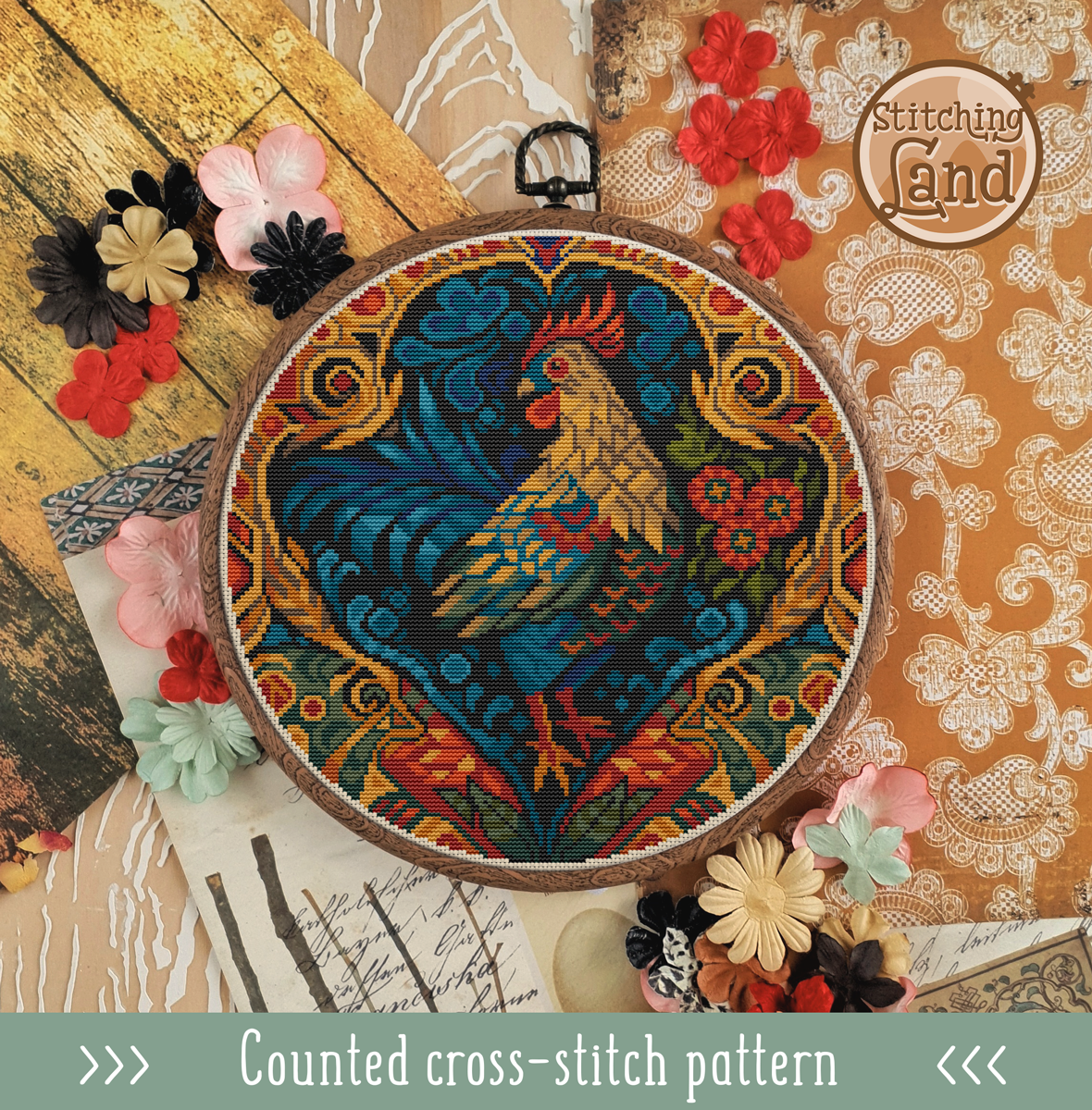 Art Nouveau Rooster Cross Stitch Pattern