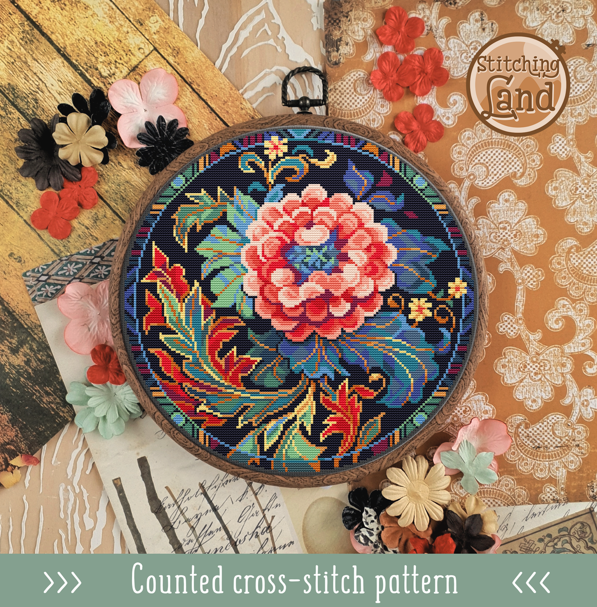 Art Nouveau Scarlet Flower Cross Stitch Pattern