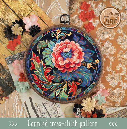 Art Nouveau Scarlet Flower Cross Stitch Pattern