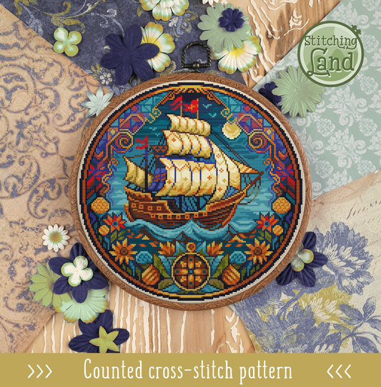Art Nouveau Ship II Cross Stitch Pattern