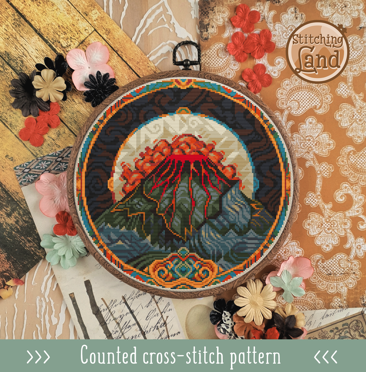 Art Nouveau Volcano Cross Stitch Pattern