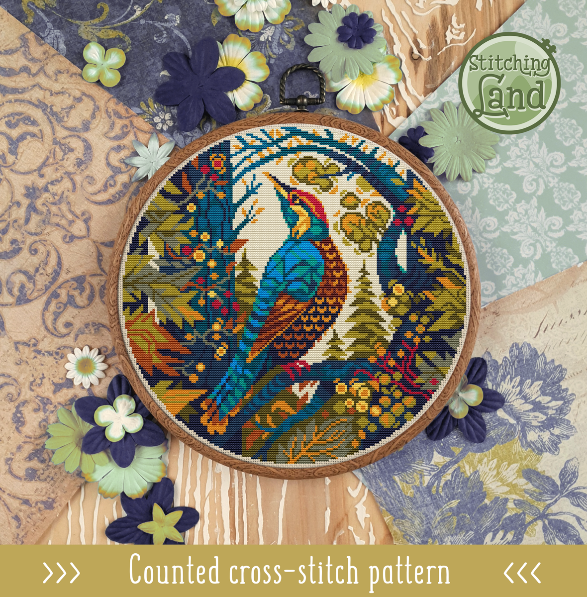 Art Nouveau Woodpecker Cross Stitch Pattern