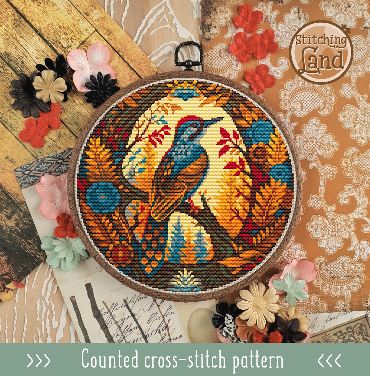 Art Nouveau Woodpecker II Cross Stitch Pattern