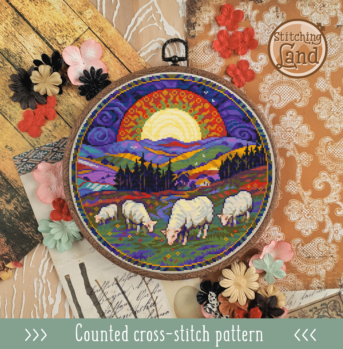 Flock of Sheep Cross Stitch Pattern