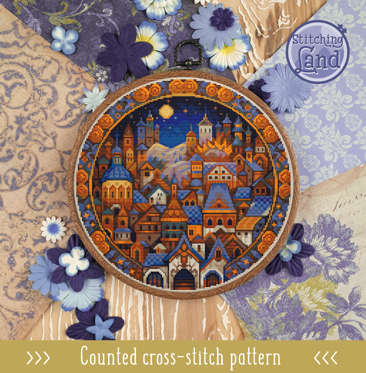 Moonlit Town Cross Stitch Pattern