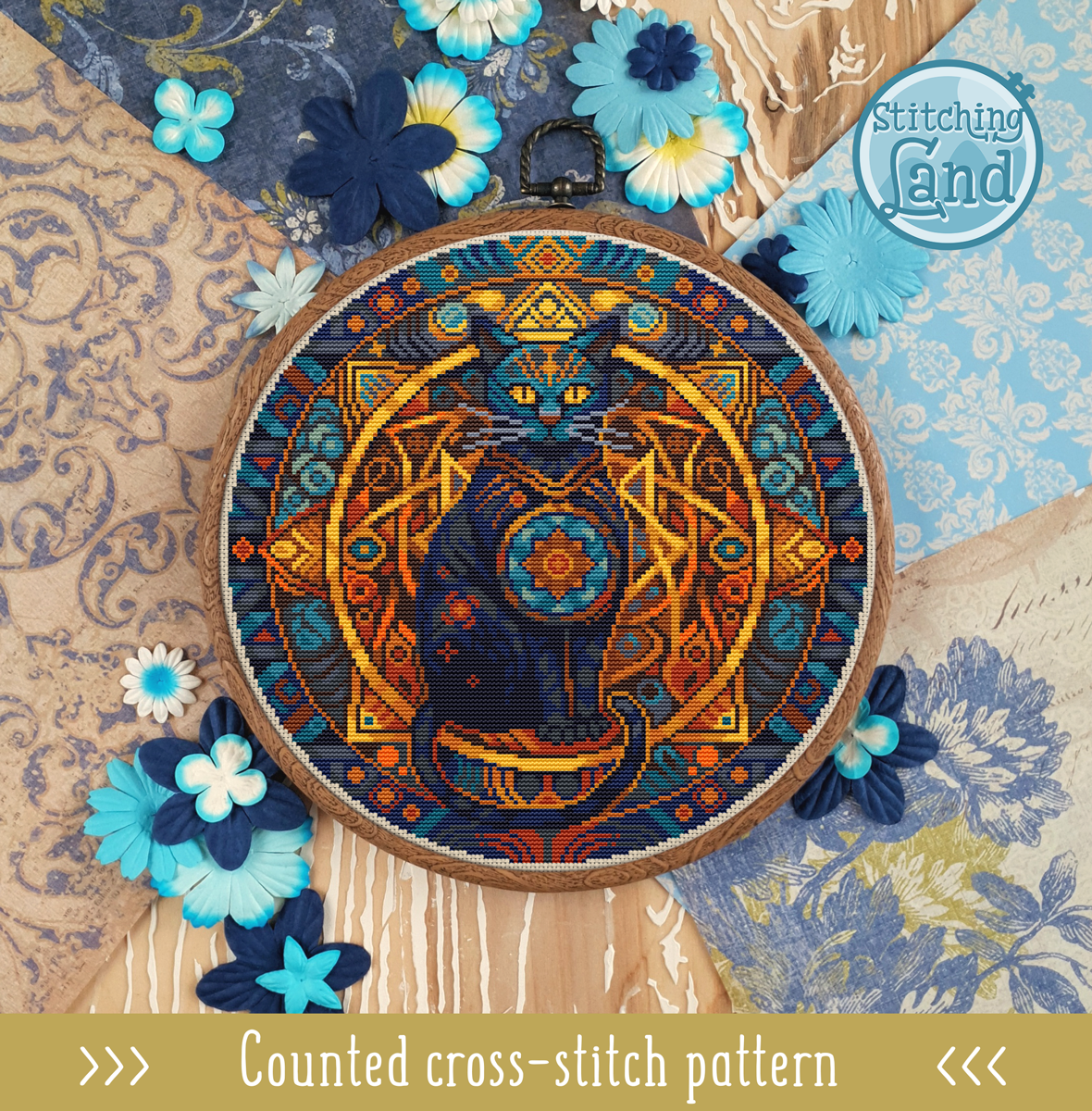 Mystical Black Cat Cross Stitch Pattern
