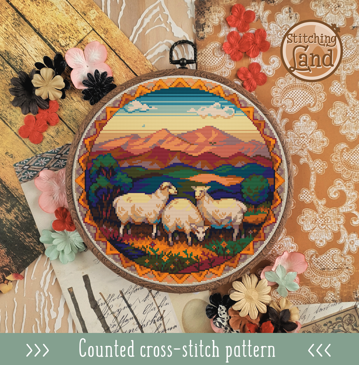 Pastoral Sheep Cross Stitch Pattern