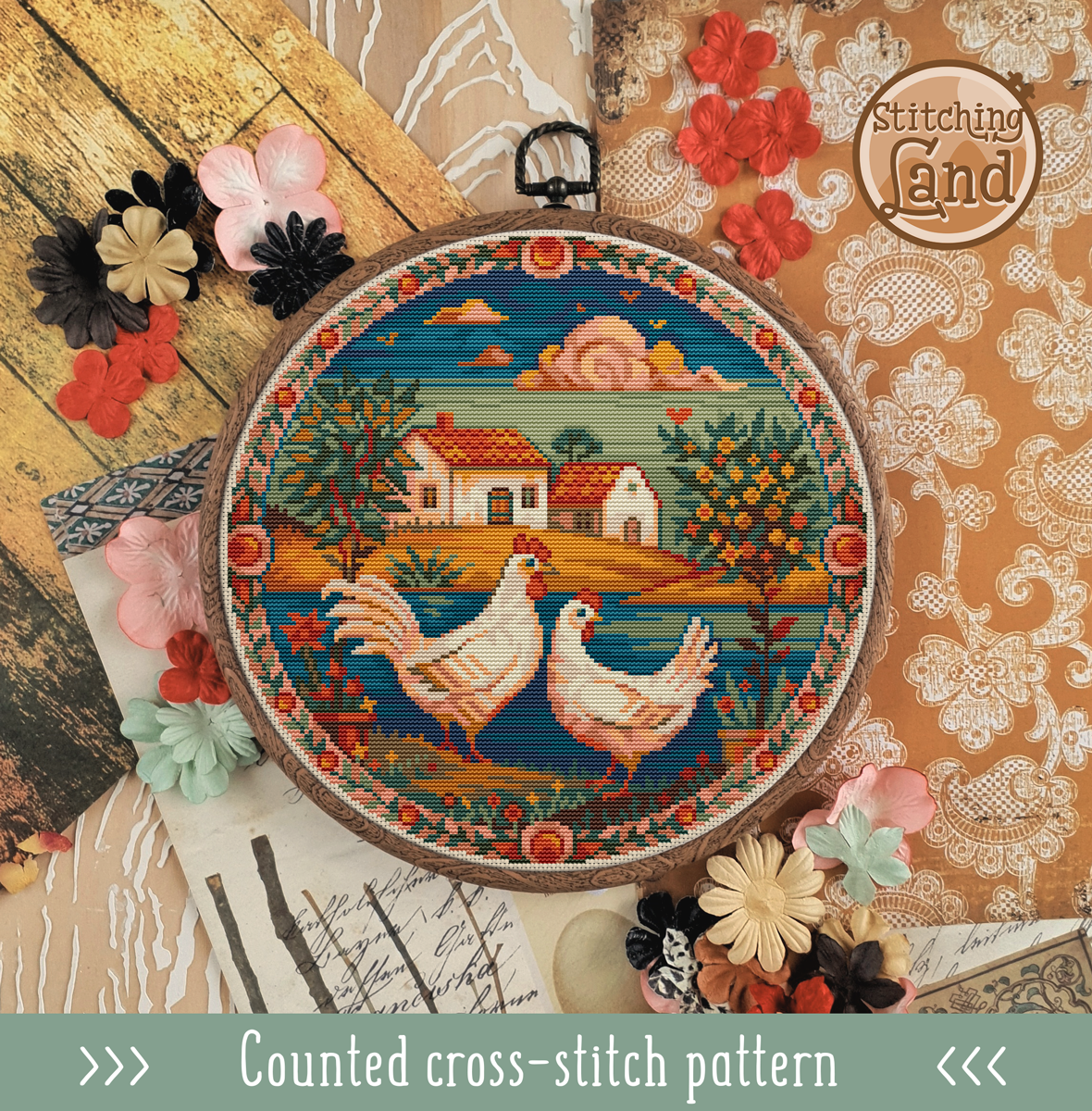 Rooster & Hen Cross Stitch Pattern