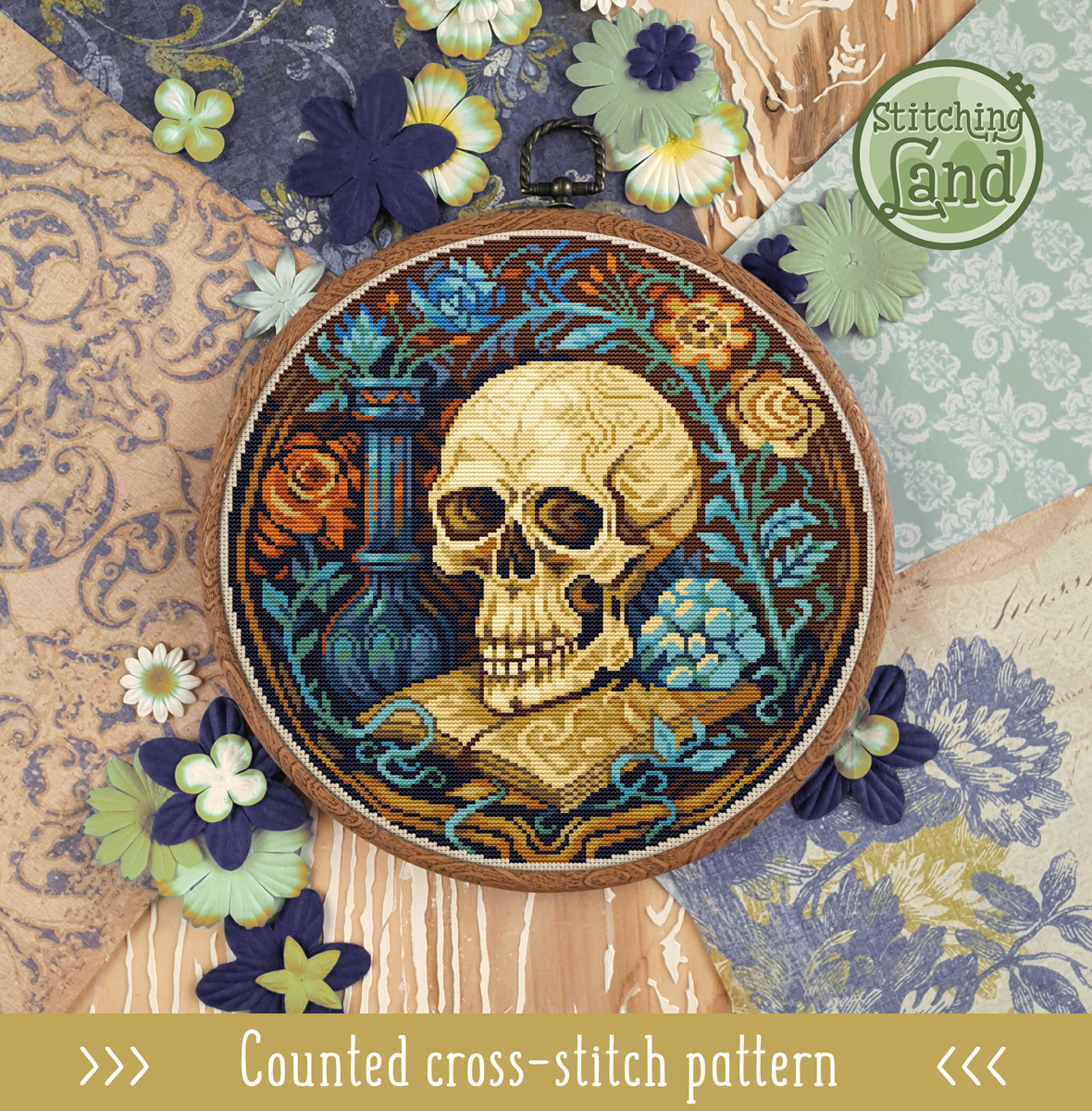 Rust Scull Pattern Still Life & Scull Cross Stitch Pattern – Stitchingland