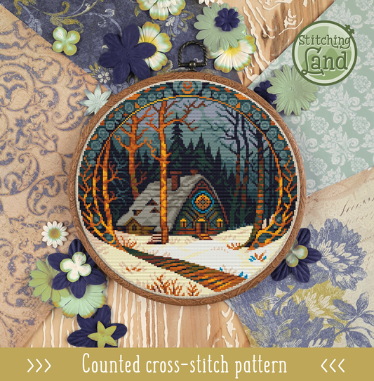 Winter Forest Cabin Cross Stitch Pattern