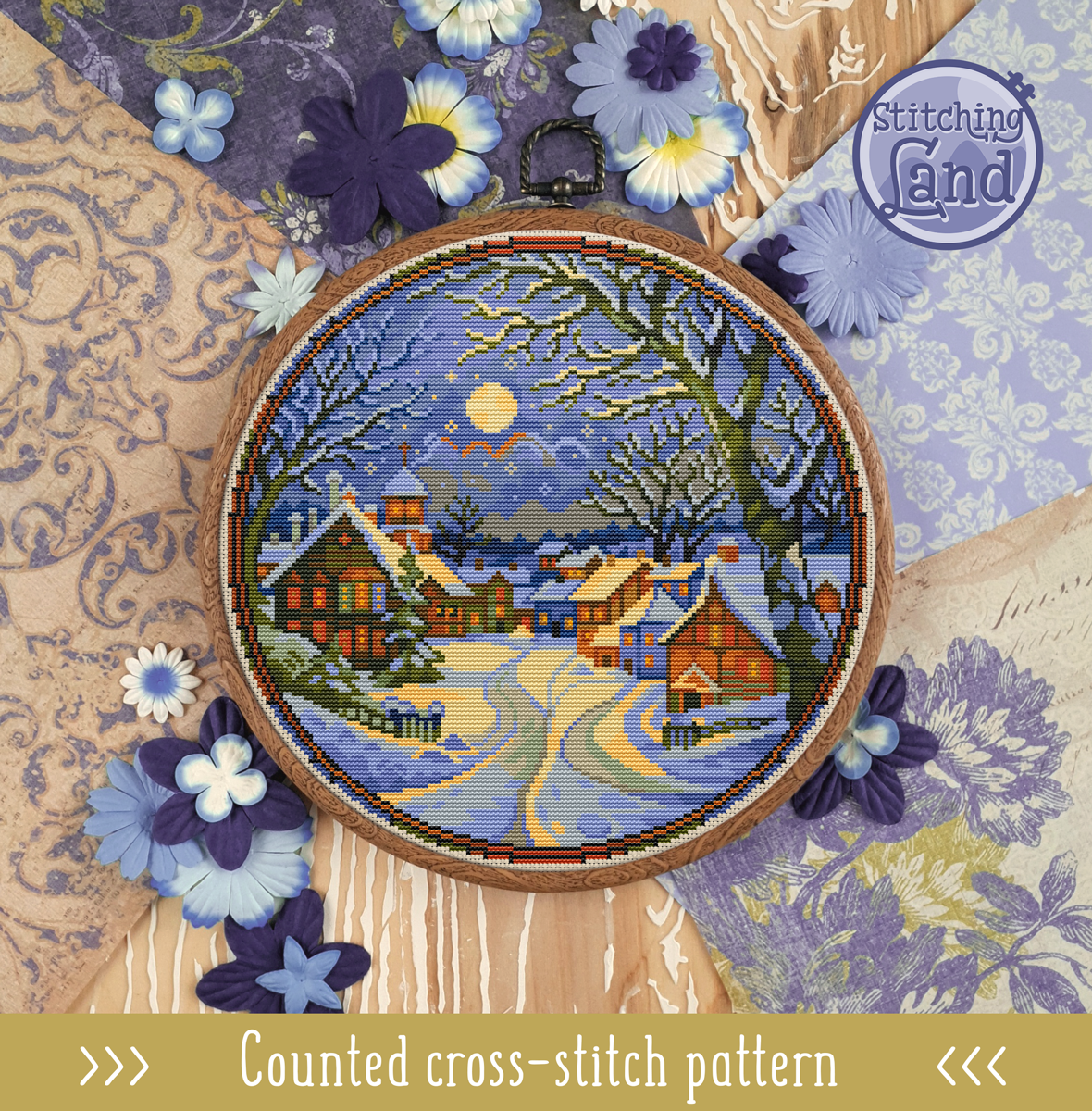 Winter Town Night III Cross Stitch Pattern