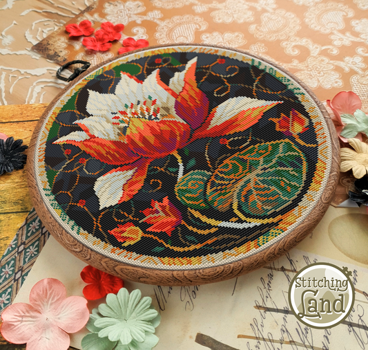 Art Nouveau Red Lotus Cross Stitch Pattern