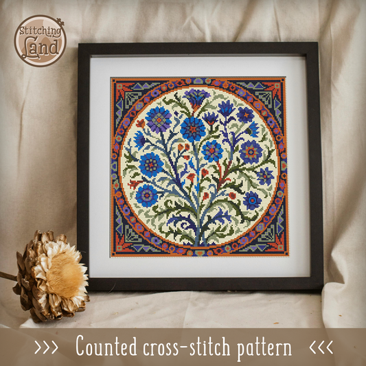Art Nouveau Blue Flowers Cross Stitch Pattern Square