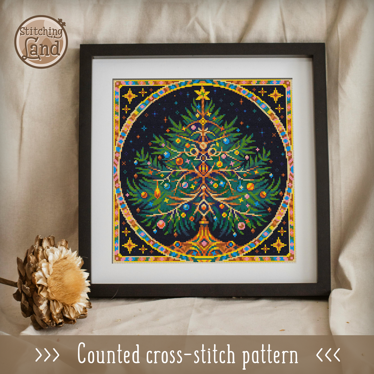Art Nouveau Christmas Tree Cross Stitch Pattern Square