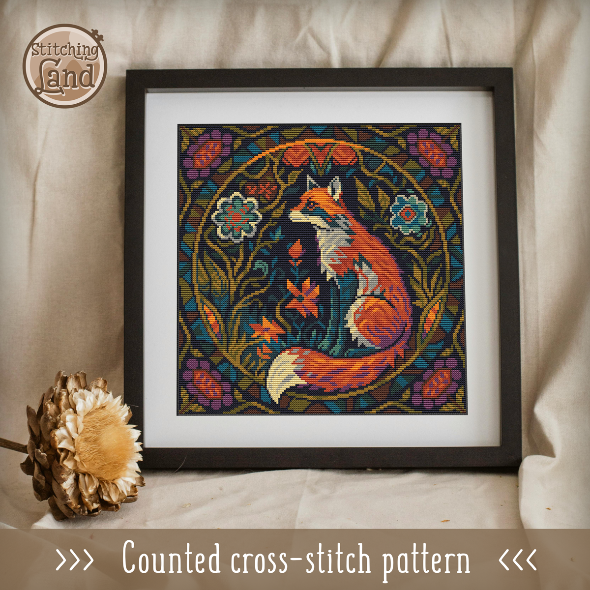 Art Nouveau Fox Cross Stitch Pattern Square