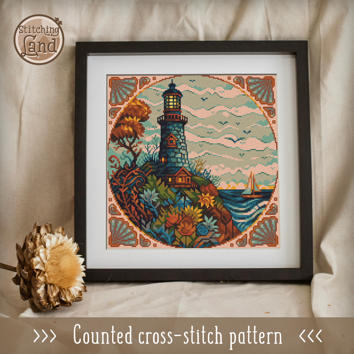 Art Nouveau Lighthouse II Cross Stitch Pattern Square