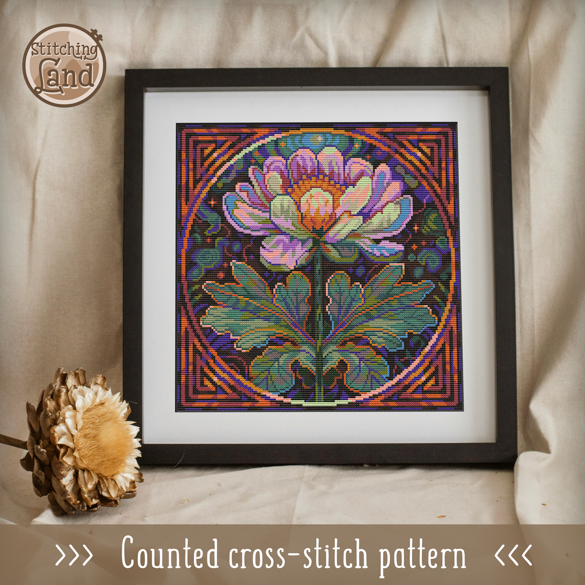 Art Nouveau Moon Flower Cross Stitch Pattern Square