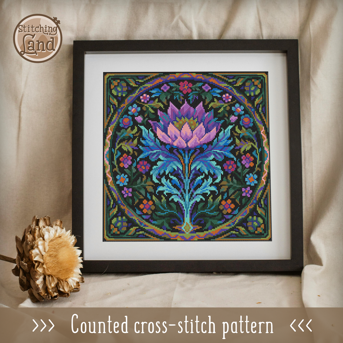 Art Nouveau Purple Flower Cross Stitch Pattern Square