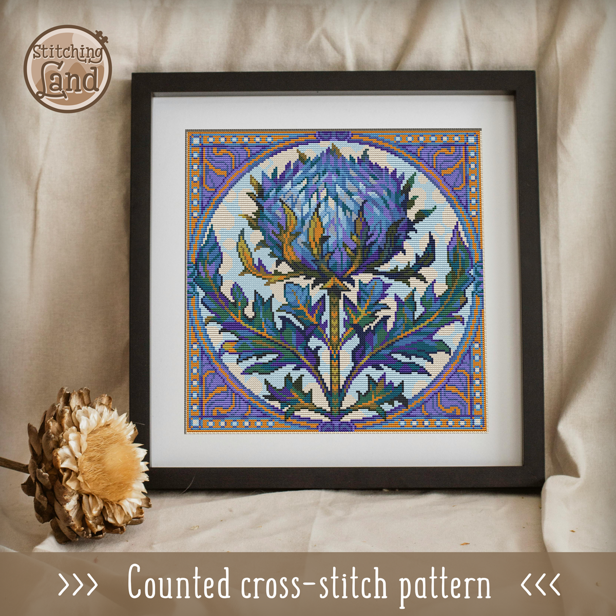 Art Nouveau Thistle Cross Stitch Pattern Square