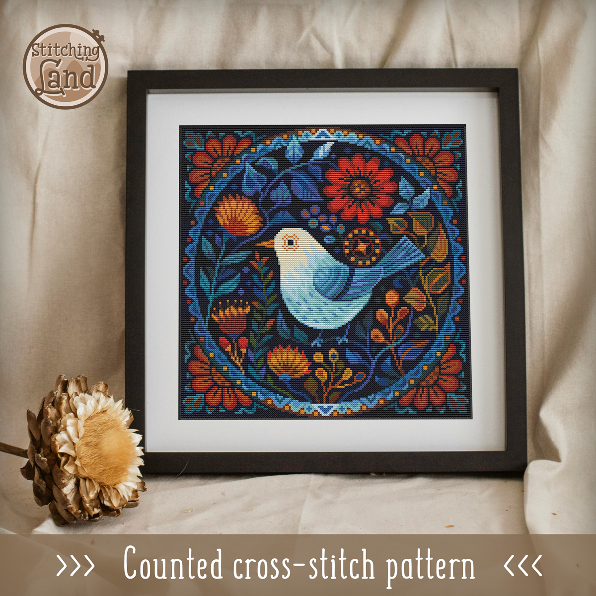 Bird In Bloom Cross Stitch Pattern Square