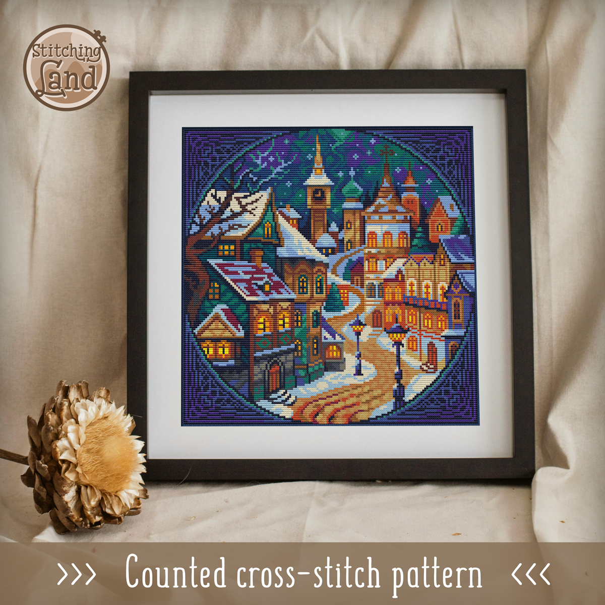 Winter Town Night II Cross Stitch Pattern Square