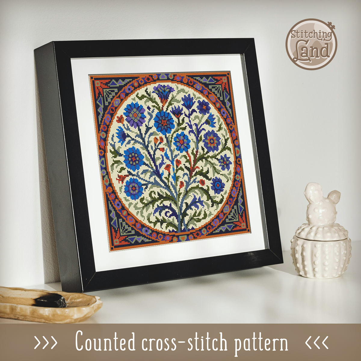 Art Nouveau Blue Flowers Cross Stitch Pattern Square