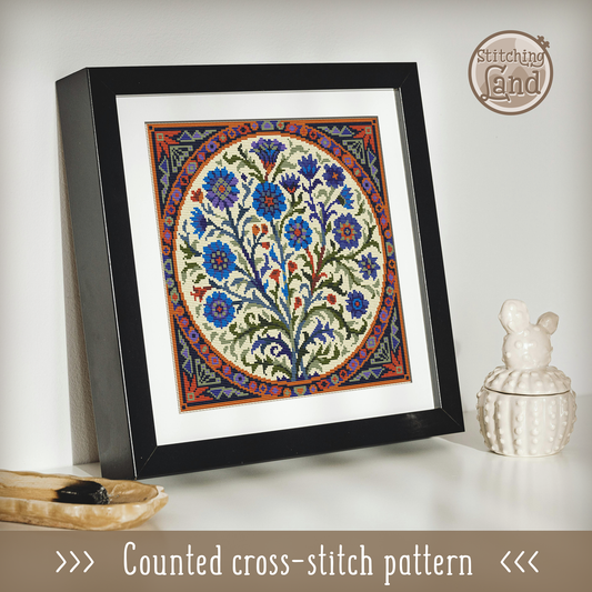 Art Nouveau Blue Flowers Cross Stitch Pattern Square