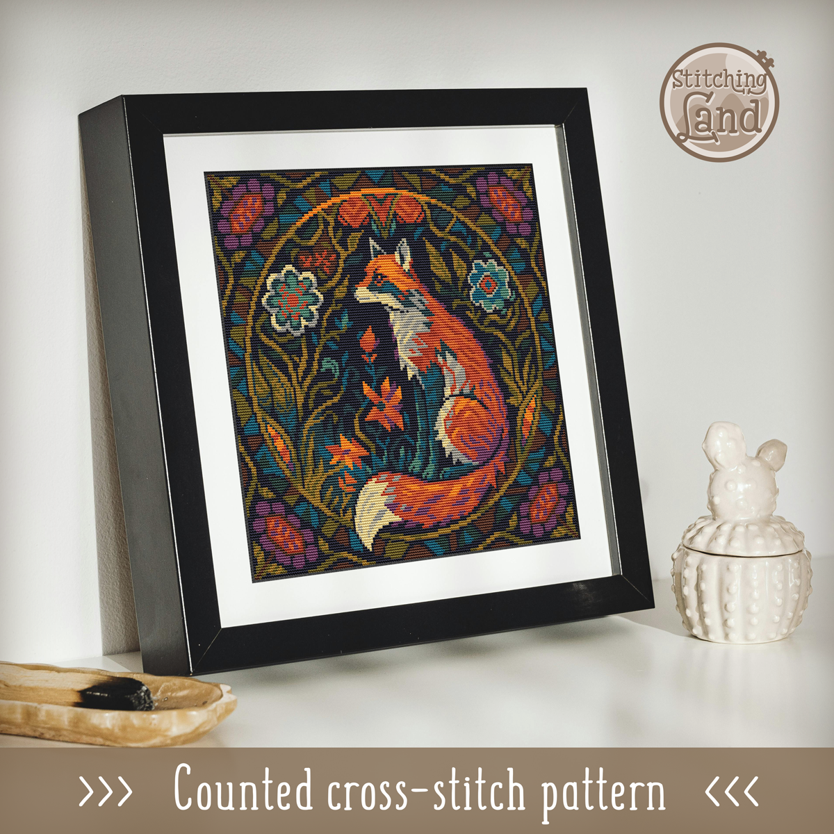Art Nouveau Fox Cross Stitch Pattern Square