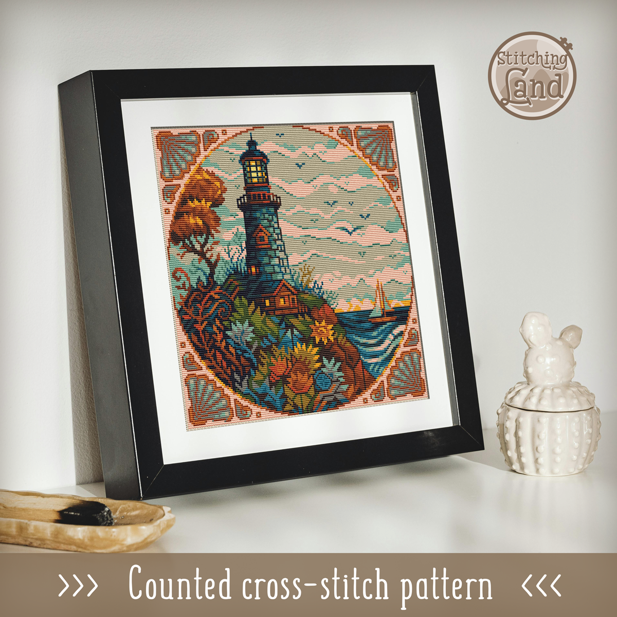 Art Nouveau Lighthouse II Cross Stitch Pattern Square