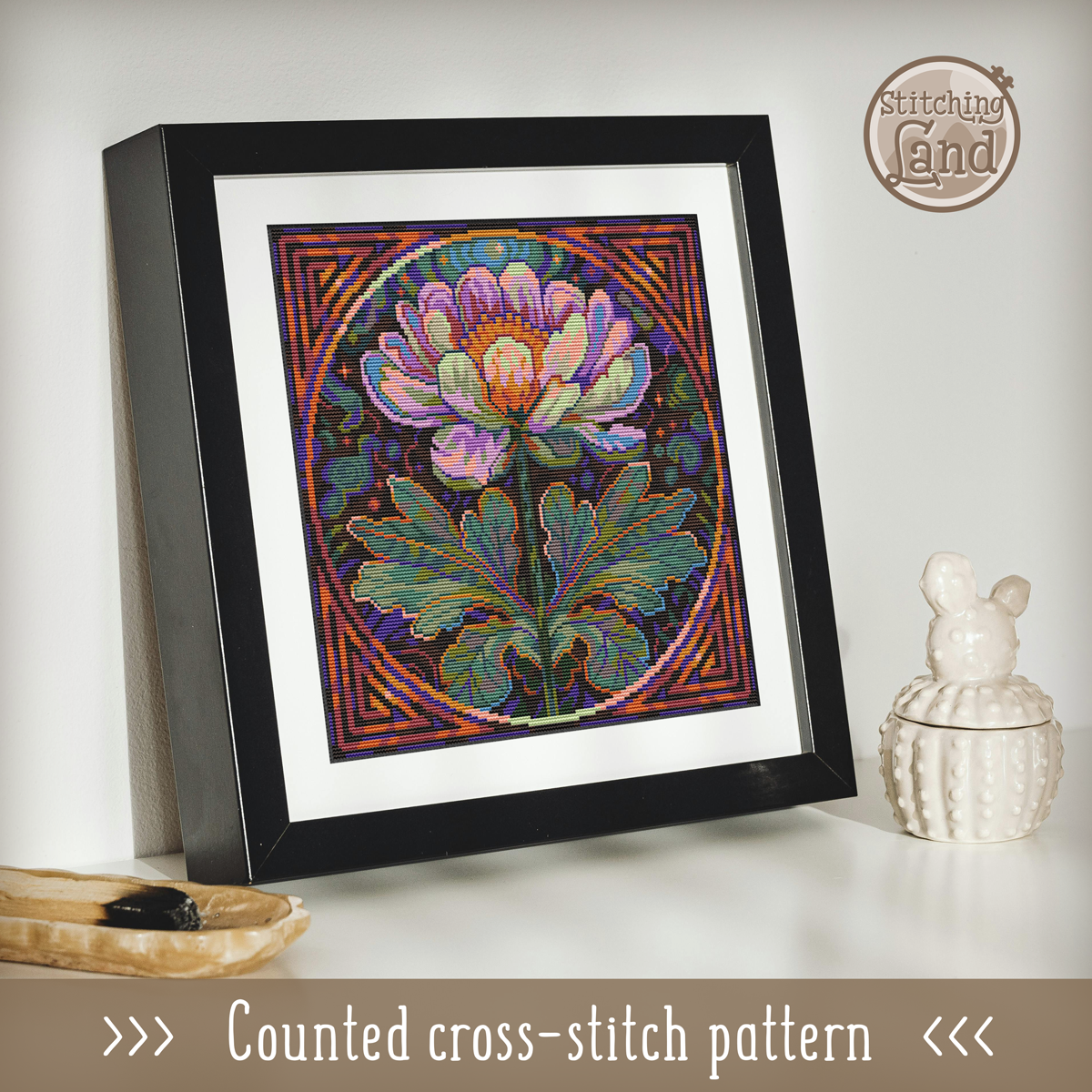 Art Nouveau Moon Flower Cross Stitch Pattern Square
