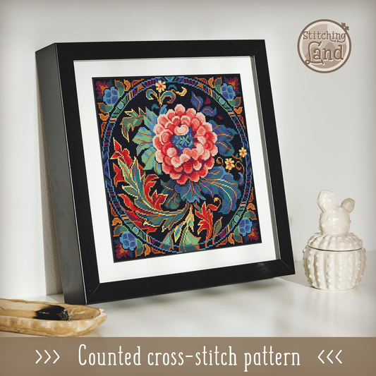 Art Nouveau Scarlet Flower Cross Stitch Pattern Square
