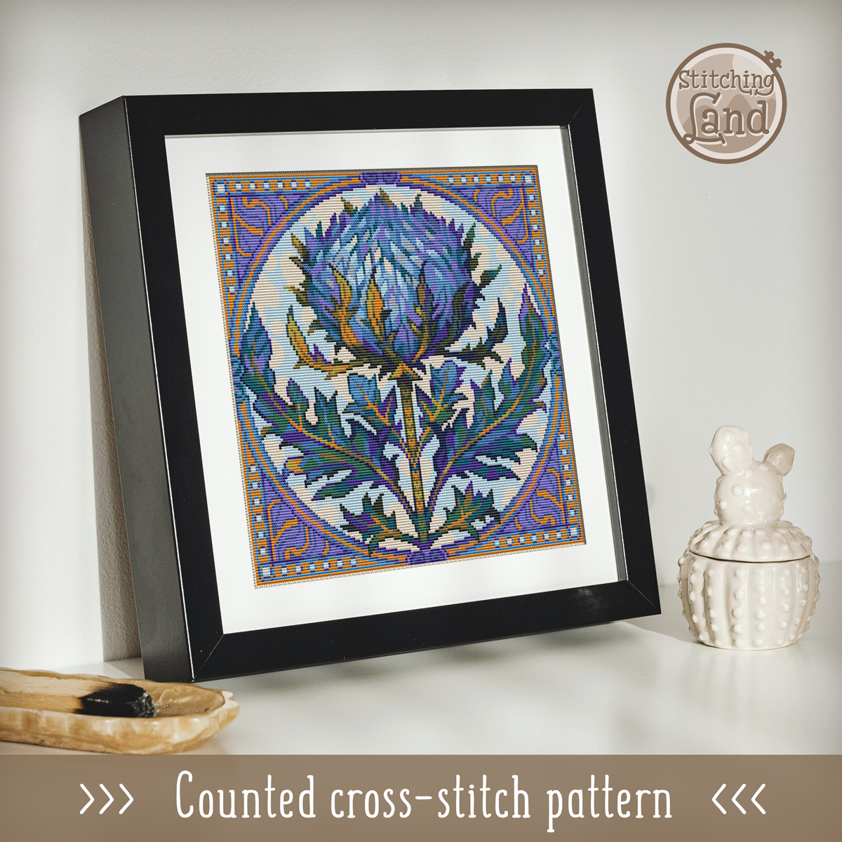 Art Nouveau Thistle Cross Stitch Pattern Square