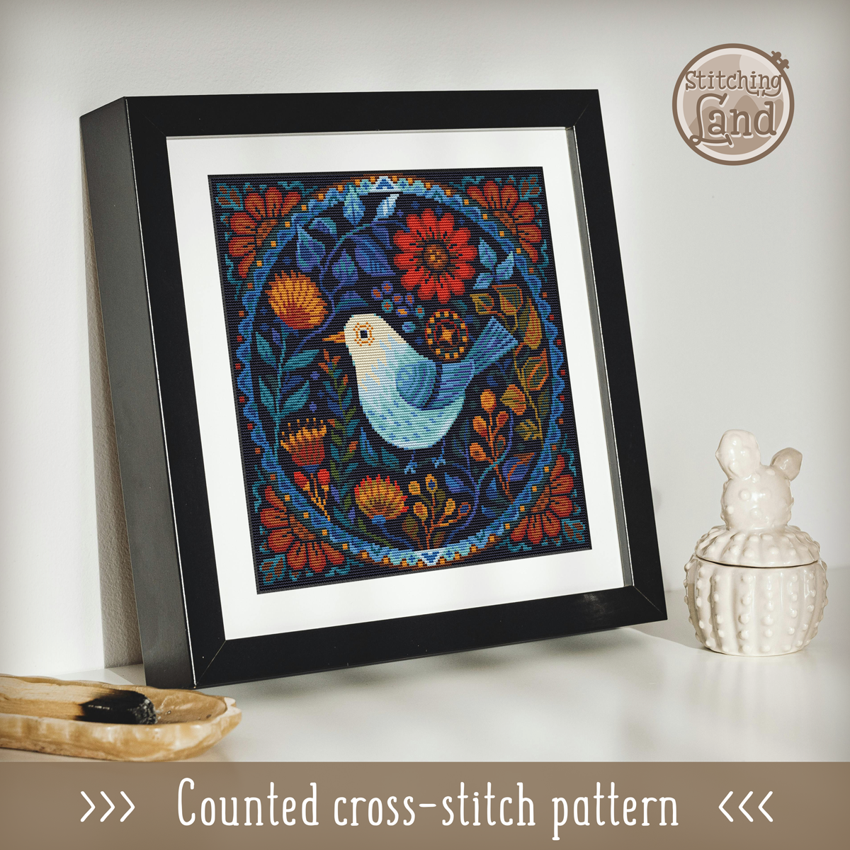 Bird In Bloom Cross Stitch Pattern Square