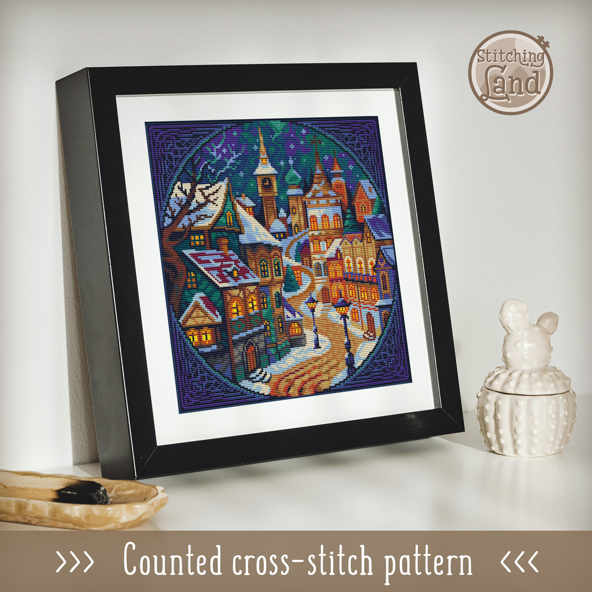 Winter Town Night II Cross Stitch Pattern Square