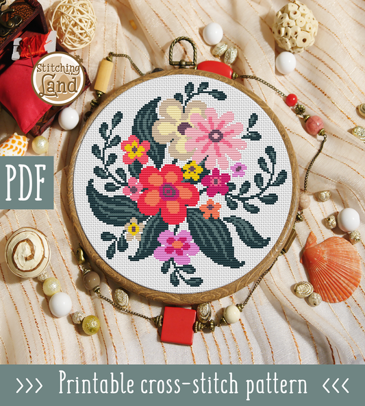 Black Red Flowers Cross Stitch Pattern