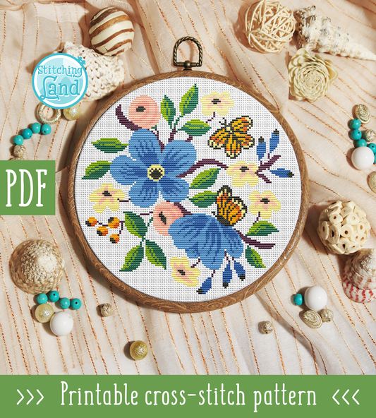 Blue Flowers & Butterflies Cross Stitch Pattern