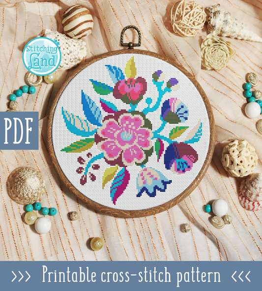 Blue Pink Flowers II Cross Stitch Pattern