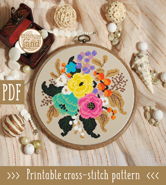 Blue Pink Yellow Flower Cross Stitch Pattern