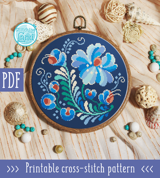 Blue Rosemaling Cross Stitch Pattern