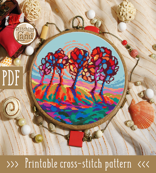 Colorful Trees Cross Stitch Pattern