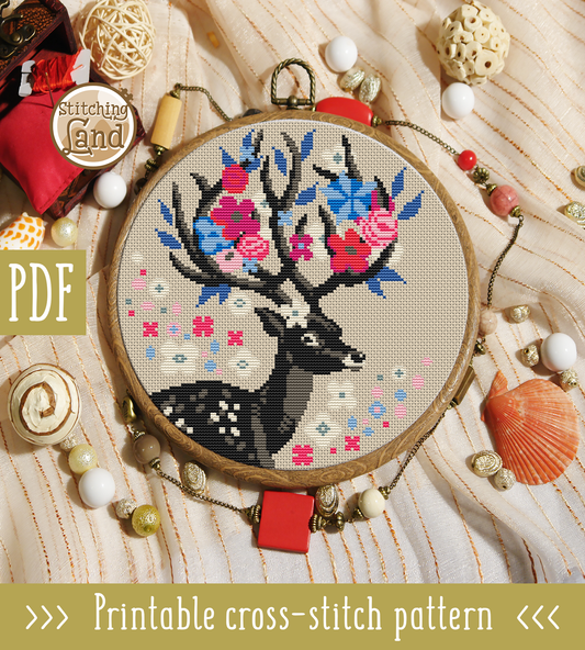Flower Deer Cross Stitch Pattern