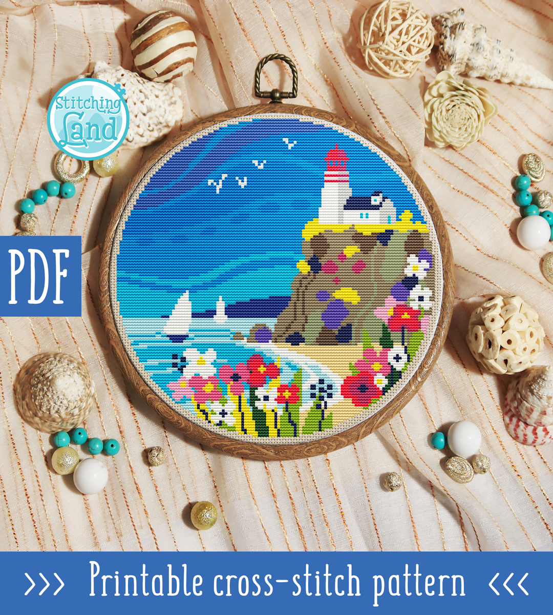 Flower Lighthouse Cross Stitch Pattern