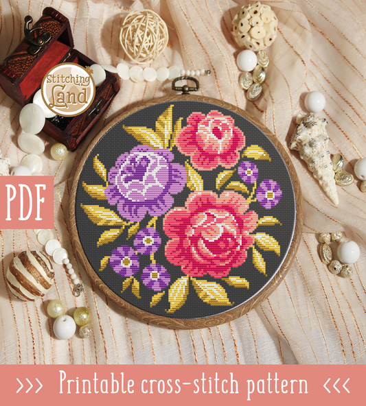 Pink Blue Flowers Cross Stitch Pattern