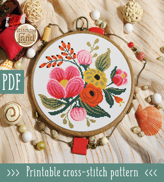 Pink Flowers Cross Stitch Pattern