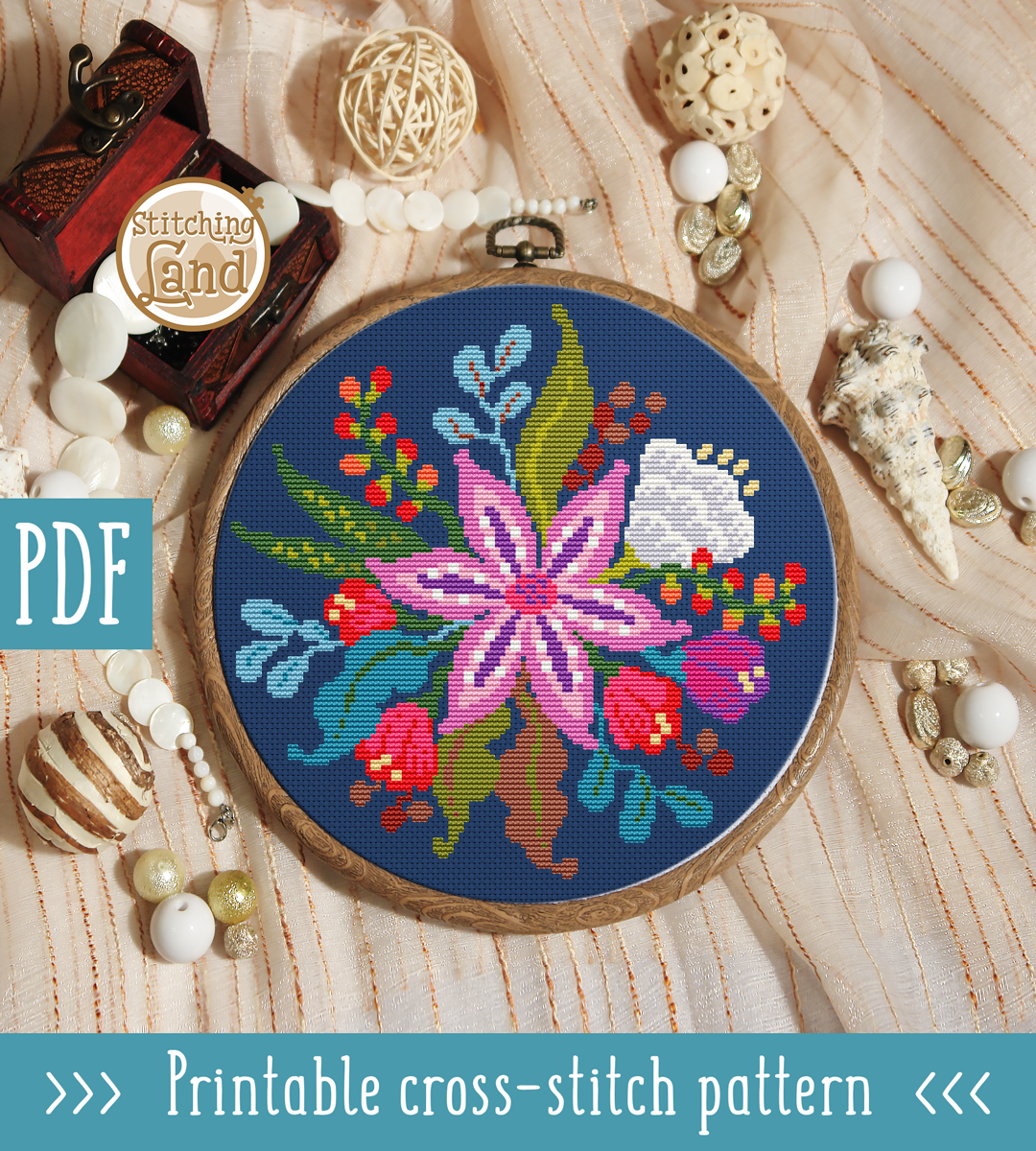 Red Pink Flowers Cross Stitch Pattern