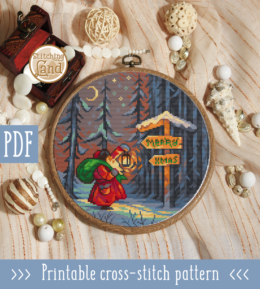 Santa in the Forest Cross Stitch Pattern