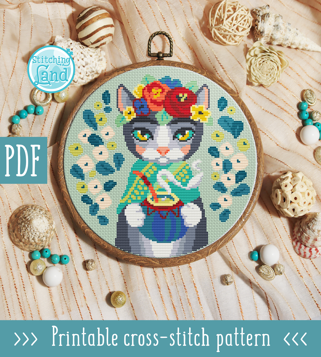 Spring cat cross stitch embroidery kit Counted pattern included - Cat lover  gift