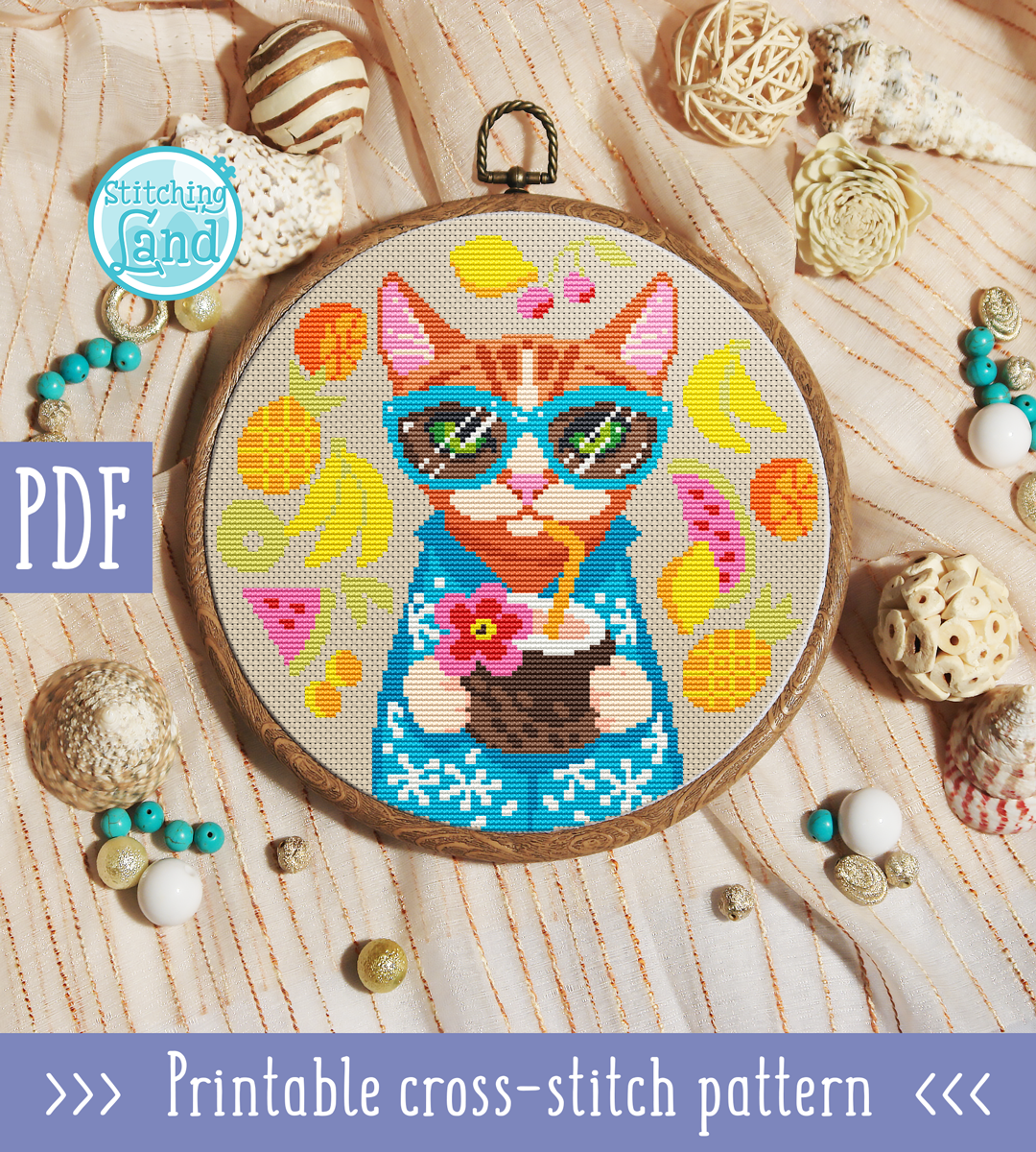 Summer Cat Cross Stitch Pattern