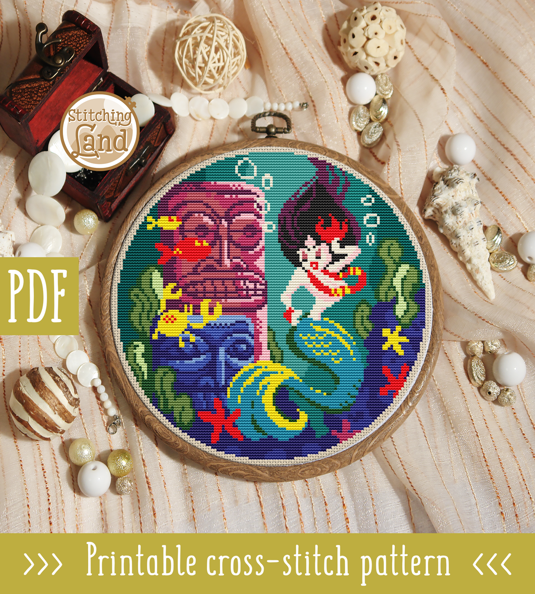 Tiki Mermaid Cross Stitch Pattern